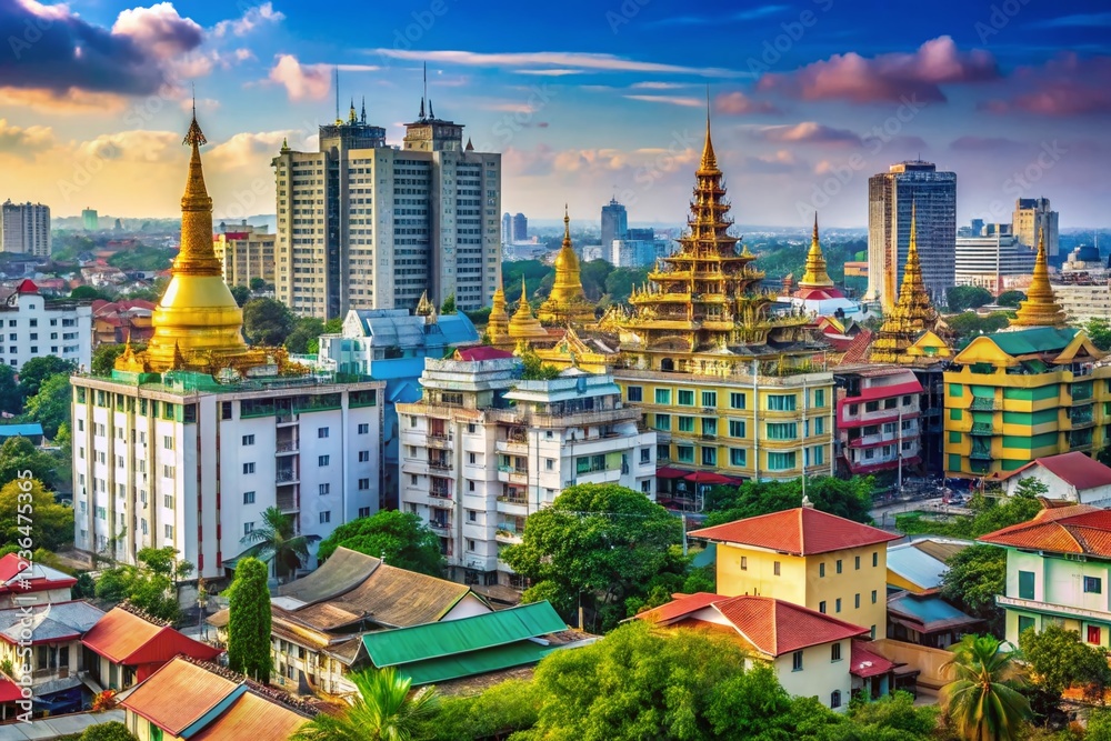 Fototapeta premium Yangon Skyline on White Background with Rule of Thirds