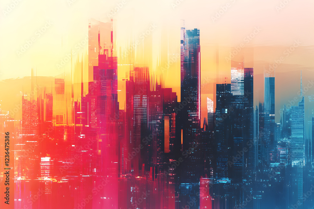 Fototapeta premium Abstract colorful city background, digital glitch art theme