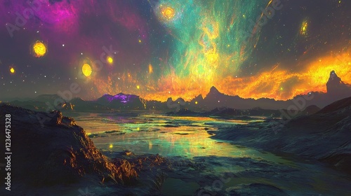 Alien planet landscape, vibrant nebula, fiery sunset, tranquil lake, science fiction art, ideal for fantasy game background