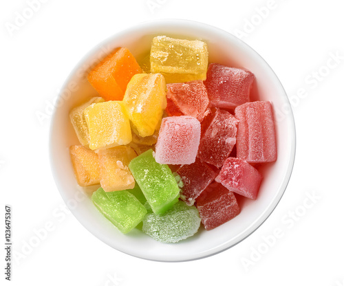 Colorfull candy in white plain bowl isolated on transparent background.