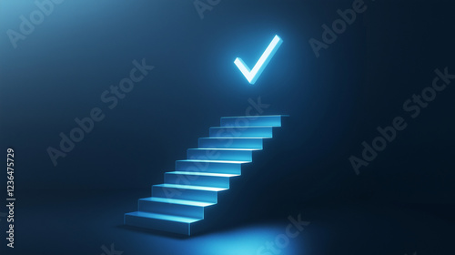 3d render of a staircase leading to a glowing check mark symbol representing reaching a goal, achievement and success
