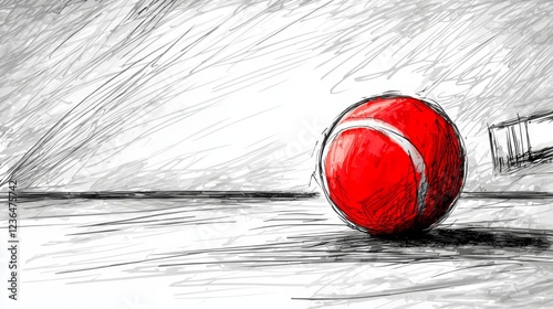  a red tennis ball sitting on top of a wooden floor, with a white and ash colored background