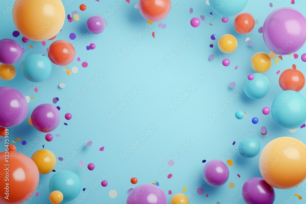 Colorful Party Balloons and Confetti on Soft Blue Background for Celebration Themes Colorful Party Balloons and Confetti on Soft Blue Background for Celebration Themes