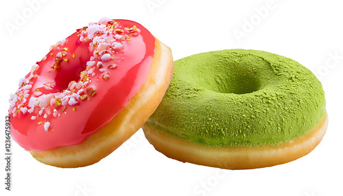 Realistic two pile strawberry and matcha donuts looks very delicious isolated on transparent background.