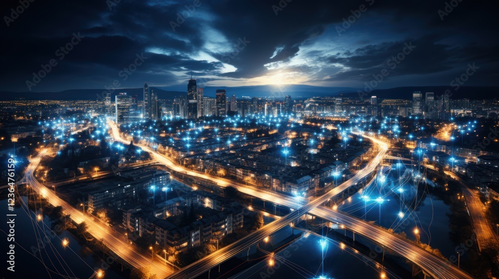 Fototapeta premium Night Cityscape: Illuminated Metropolis at Dusk