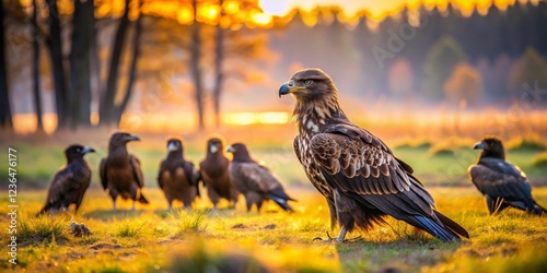 Young White-tailed Eagle Crowded by Crows at Sunrise