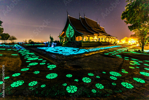 Background of the tourist attraction Wat Sirindhorn Wararam or the famous glowing temple in Thailand. Ubon Ratchathani is adjacent to Laos. Tourists always like to come to see the beauty at night. photo