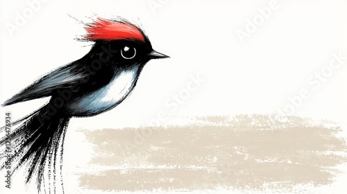  a black, white and red bird with a red head perched on a branch against a white background
