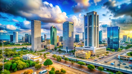 A cloudy April sky over Bnei Brak, Israel. Tilt-shift photography reveals the city's industrial office towers on April 23, 2023. photo