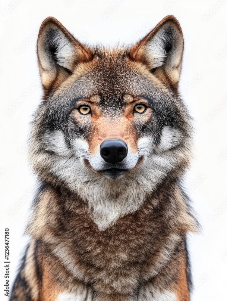 Fototapeta premium Close-up of a wolf's face with intense gaze.