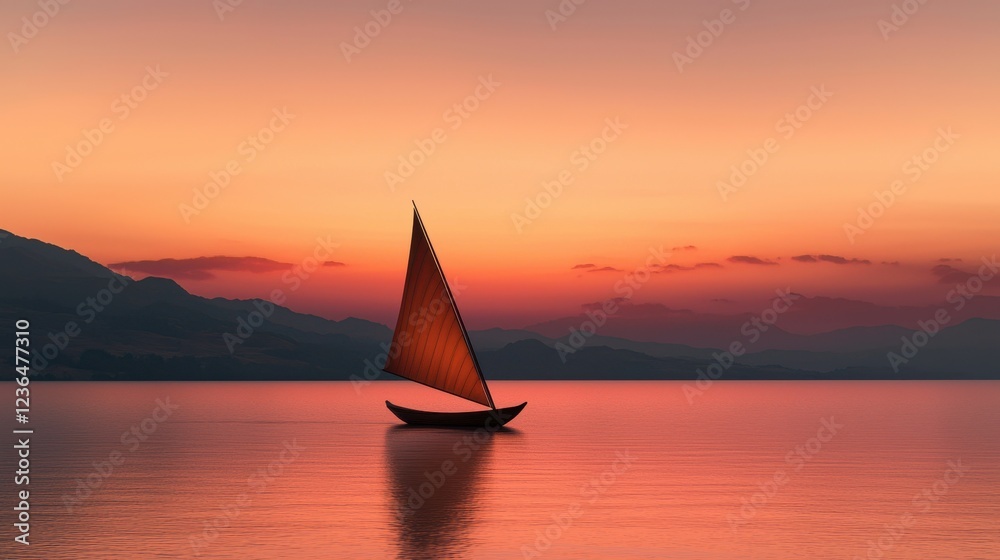 Fototapeta premium Tranquil Sunset Over Water with Sailing Boat and Colorful Sky
