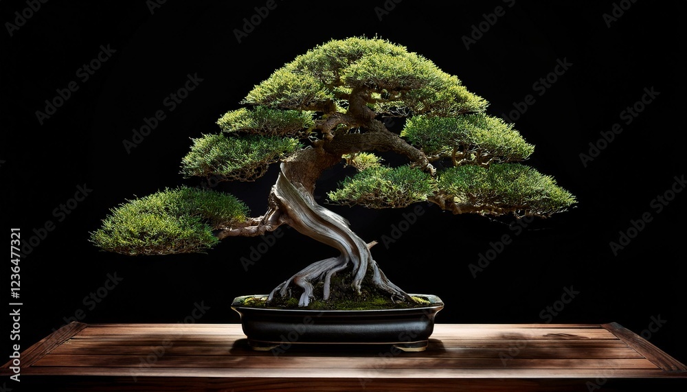 a striking bonsai tree on a black background symbolizing tranquility and art
