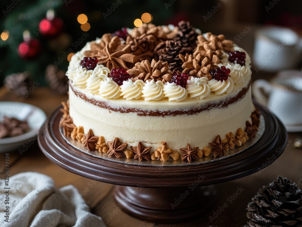 Festive holiday cake adorned with spices and berries, set in a cozy, decorated kitchen atmosphere