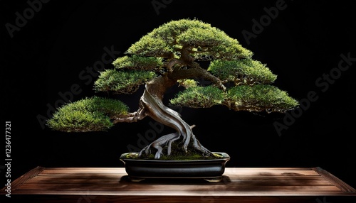 a striking bonsai tree on a black background symbolizing tranquility and art
