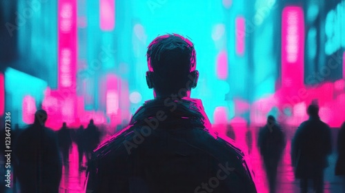 Vivid Nightwalk in Urban Cityscape with Neon Lights and Shadows photo