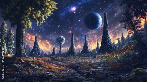 Alien planet landscape, vibrant sunset, twin moons, fantastical trees, cosmic background; perfect for sci-fi, fantasy