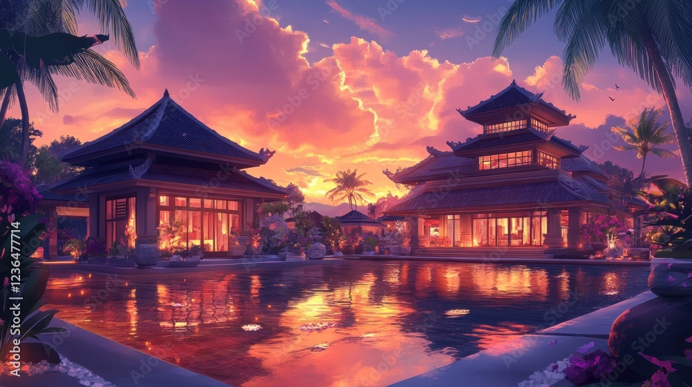 Obraz premium Sunset over tropical Asian villas, pool reflection, travel brochure