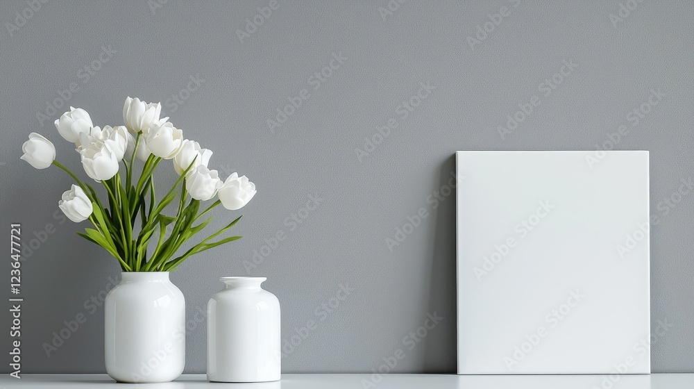 White tulips vase mockup, grey wall, blank canvas White tulips vase mockup, grey wall, blank canvas