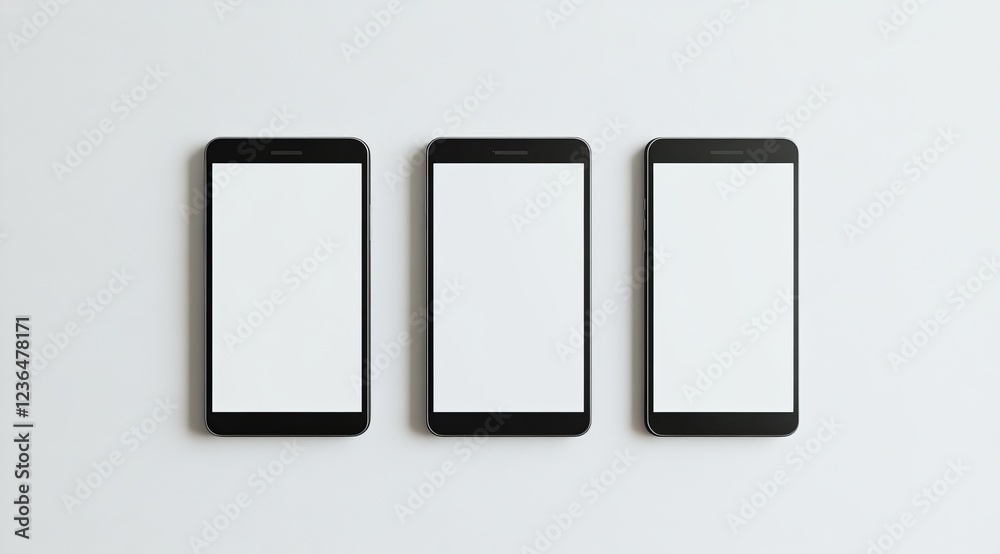 Three black smartphones with blank screens on a white background. Three black smartphones with blank screens on a white background.