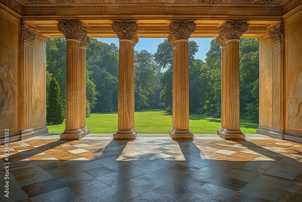 Fototapeta premium Columns create a covered portico with a park view suitable for a real estate ad.