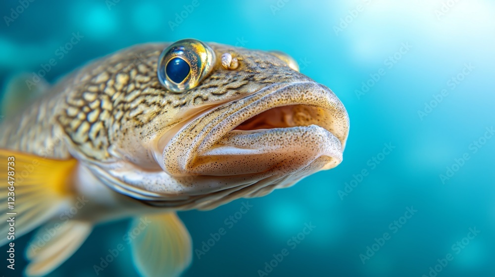 a close up of a fish with its mouth open, revealing its sharp teeth Its body is a light brown color with darker spots, and its eyes are a bright yellow Its fins a a close up of a fish with its mouth open, revealing its sharp teeth Its body is a light brown color with darker spots, and its eyes are a bright yellow Its fins a