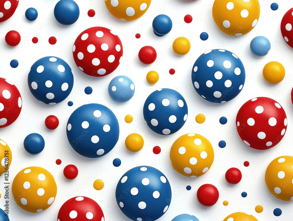 Colorful polka dots in red, blue, yellow, and white on white background create playful and vibrant pattern Colorful polka dots in red, blue, yellow, and white on white background create playful and vibrant pattern