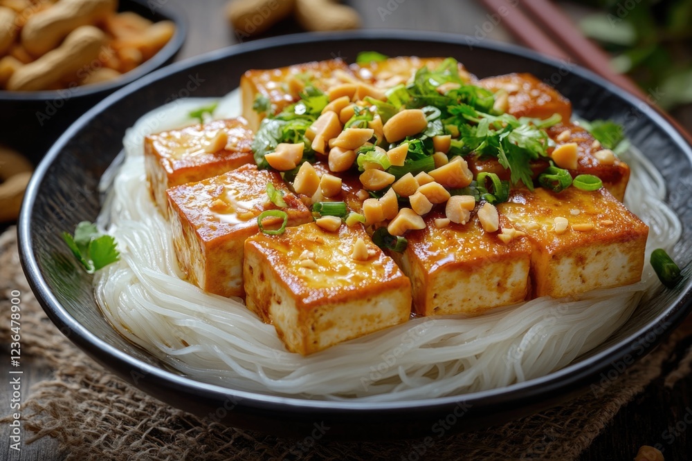 A vegetarian Asian dish featuring stir-fried tofu over a bed of noodles, served on a black plate. Garnished with nuts and herbs. A vegetarian Asian dish featuring stir-fried tofu over a bed of noodles, served on a black plate. Garnished with nuts and herbs.