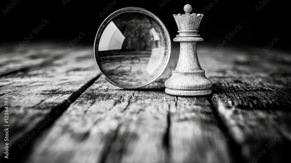a black and white chess piece sitting atop a wooden table, with a magnifying glass hovering over it The background is dark, giving the image a mysterious and capti a black and white chess piece sitting atop a wooden table, with a magnifying glass hovering over it The background is dark, giving the image a mysterious and capti