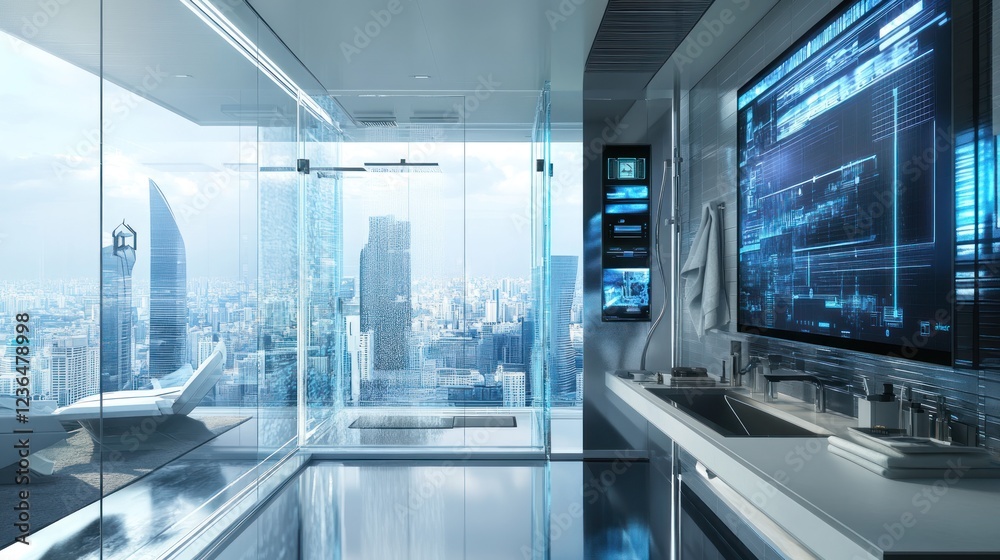 Fototapeta premium Futuristic Smart Bathroom with City View Shower