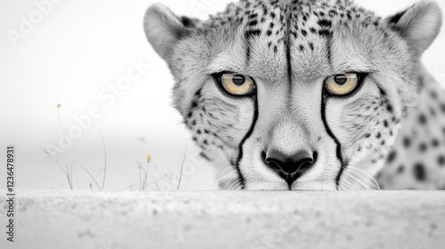  a cheetah peeking over a wall with its yellow eyes, surrounded by lush green grass in the background The image is in black and white, giving it a timeless and clas photo