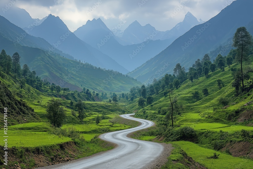 Fototapeta premium Scenic winding road through lush green hills with distant mountains under cloudy sky