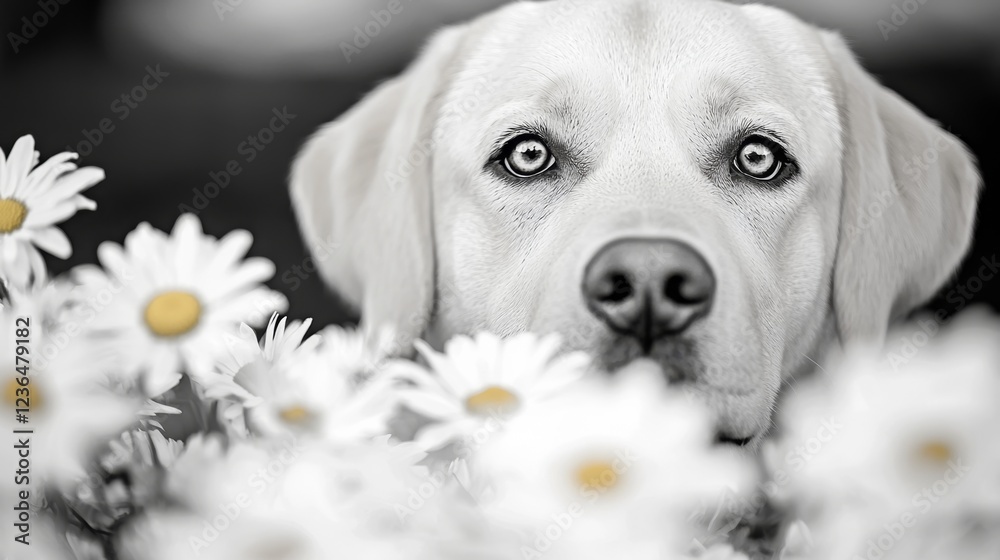  a black and white photo of a dog surrounded by daisies, with a blurred background