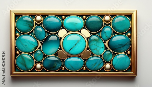 isolated turquoise round stones in frame with gold border
