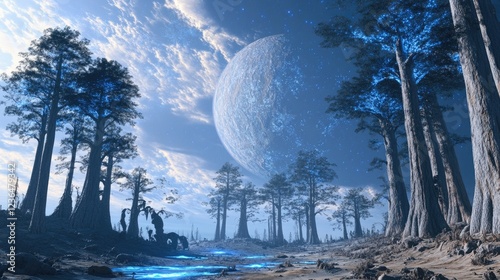 Alien planet landscape, glowing trees, large moon, fantasy scene, background for science fiction