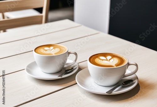 On the white wooden table are two coffee cups with latte art patterns on them