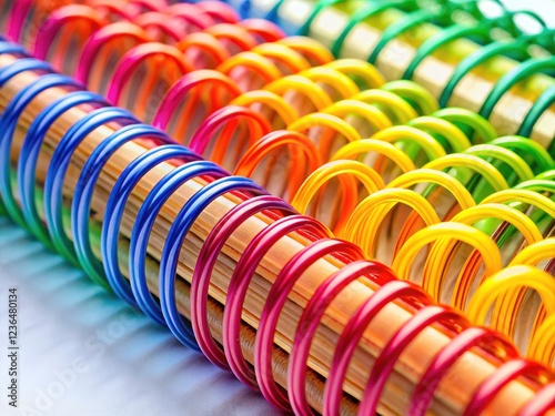 A colorful multi-ring binder's spine, captured from above, showcases vibrant hues against a stark white background.