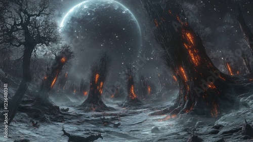 Burning trees, snowy landscape, large moon, fantasy art, game background