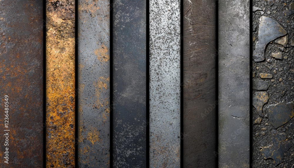 Vertical array of varied metal textures showing rust and wear Vertical array of varied metal textures showing rust and wear