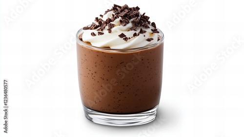 Indulge in this rich chocolate smoothie, topped with whipped cream and chocolate shavings.
