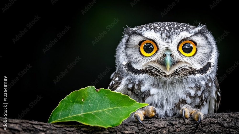 Fototapeta premium a white and black owl perched atop a tree branch, with a green leaf in the foreground and a black background
