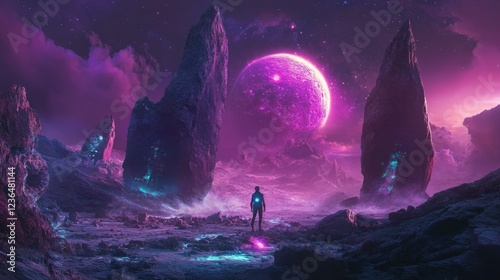 Solitary figure gazing at a vibrant alien planet amidst otherworldly rock formations under a purple sky; ideal for fantasy, sci-fi, or cosmic themes