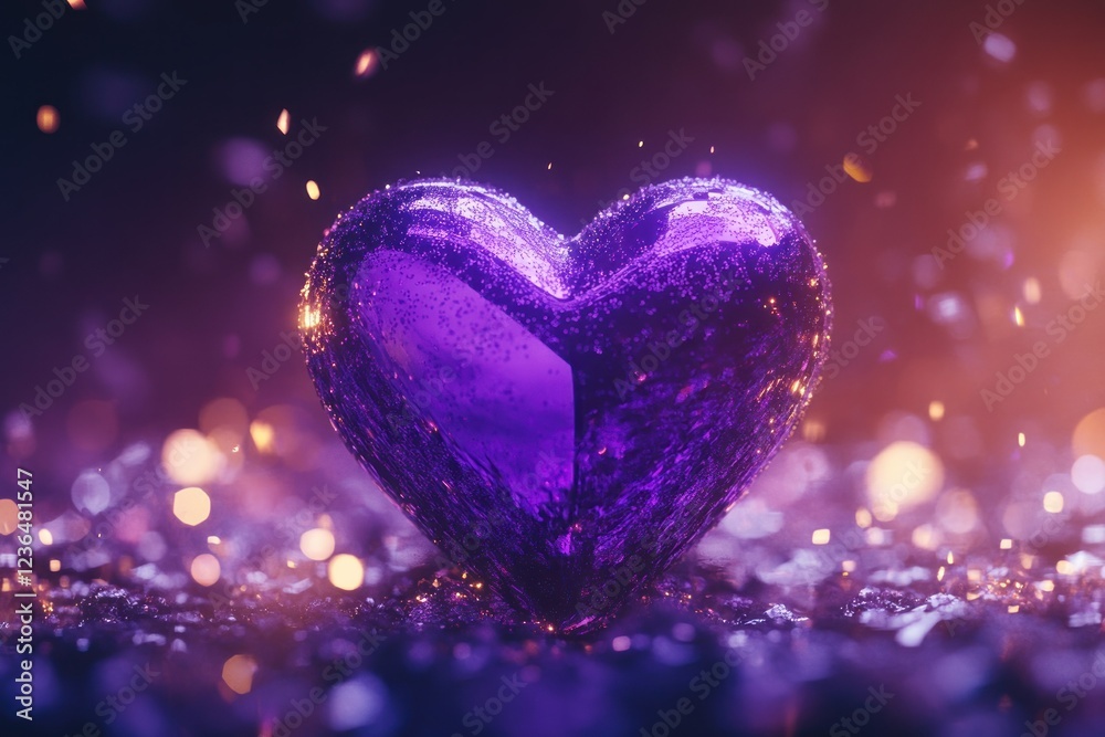 Obraz premium Shimmering Purple Heart Shaped Crystal on Sparkling Surface with Bokeh Background Effects