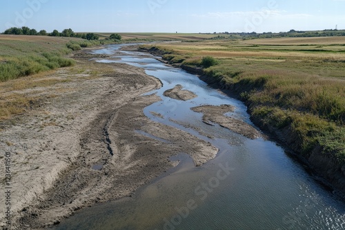 Riverbed exposed as summer heat causes water levels to drop significantly