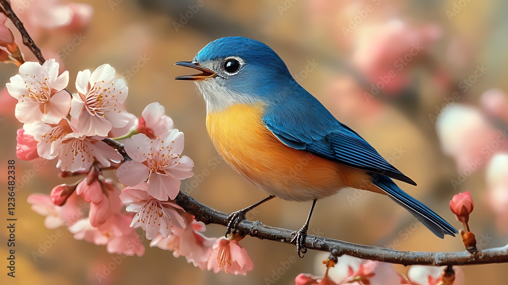 Fototapeta premium Vibrant blue and orange bird perched on a blossoming cherry branch, singing.