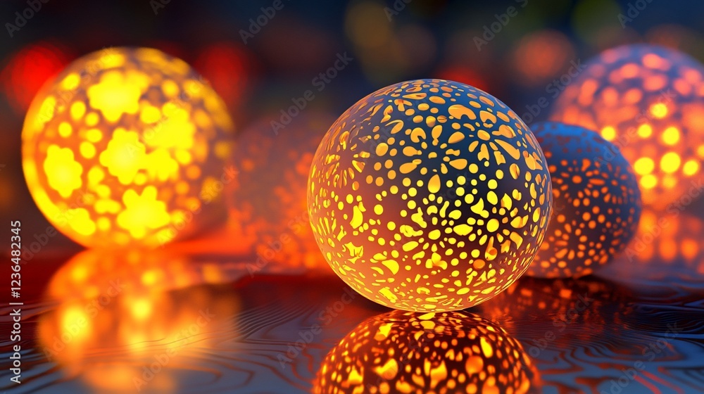 Obraz premium Glowing Orbs with Intricate Cutout Patterns on Reflective Surface Creating Abstract Art