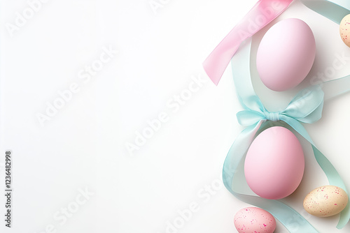 Pastel colored easter egg with soft ribbon is placed against clean white background, creating serene and inviting atmosphere suitable for spring celebrations