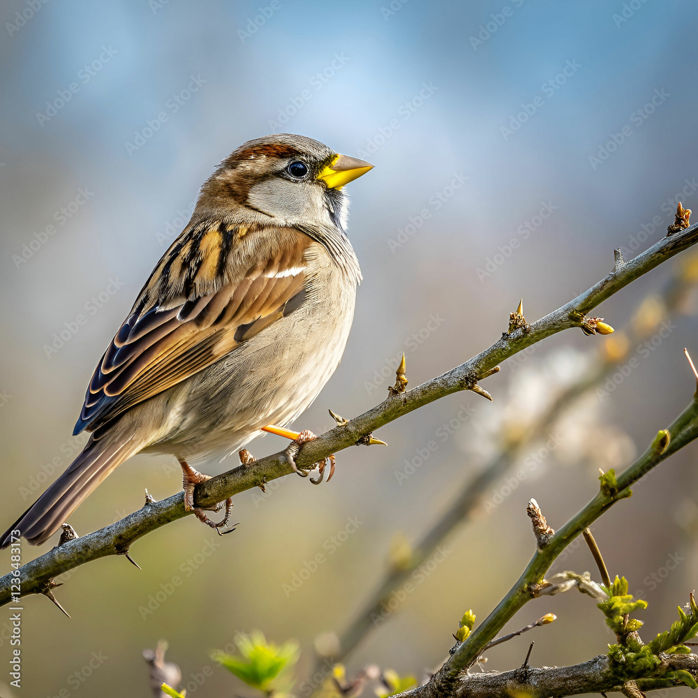 Sparrow Perched on a Blurry Natural Background Sparrow Perched on a Blurry Natural Background