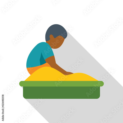 Young boy playing with sand in a sandbox, having fun during playtime in kindergarten