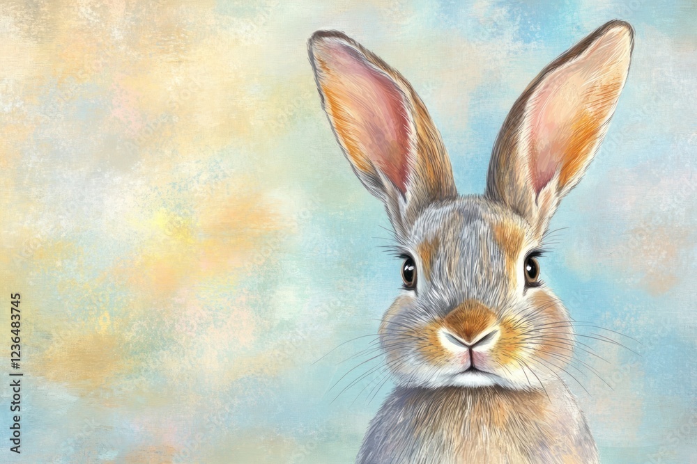 Fototapeta premium Realistic Illustration of a Curious Rabbit with Large Ears and Soft Fur Against Light Background