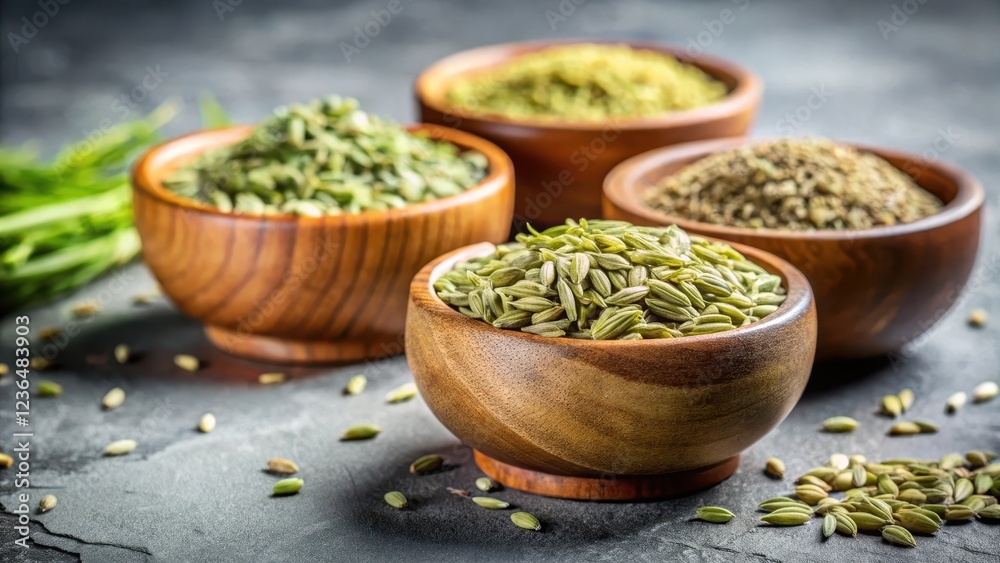 Close-up of Indian spice fennel seeds in wooden bowls on gray background, natural ingredients, aromatic spices Close-up of Indian spice fennel seeds in wooden bowls on gray background, natural ingredients, aromatic spices